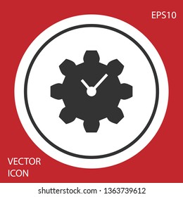 Grey Time Management icon isolated on red background. Clock and gear sign. Productivity symbol. White circle button. Vector Illustration
