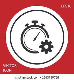 Grey Time Management icon isolated on red background. Clock and gear sign. Productivity symbol. White circle button. Vector Illustration