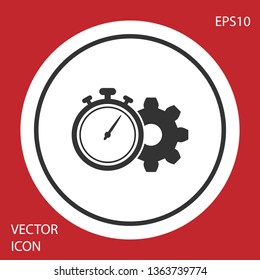 Grey Time Management icon isolated on red background. Clock and gear sign. Productivity symbol. White circle button. Vector Illustration Grey Time Management icon isolated on red background. Clock and gear sign. Productivity symbol. White circle button. Vector Illustration