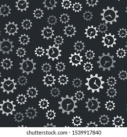 Grey Time Management icon isolated seamless pattern on black background. Clock and gear sign.  Vector Illustration