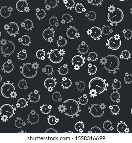 Grey Time Management icon isolated seamless pattern on black background. Clock and gear sign. Productivity symbol.  Vector Illustration