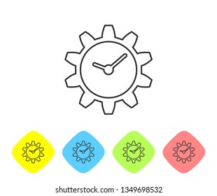 Grey Time Management line icon isolated on white background. Clock and gear sign. Set icon in color rhombus buttons. Vector Illustration