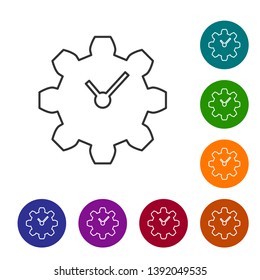 Grey Time Management line icon on white background. Clock and gear sign. Productivity symbol. Set icon in color circle buttons. Vector Illustration