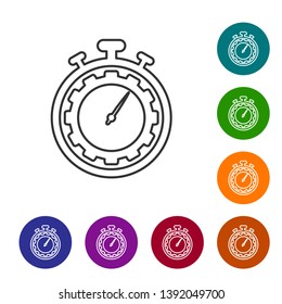 Grey Time Management line icon on white background. Clock and gear sign. Productivity symbol. Set icon in color circle buttons. Vector Illustration