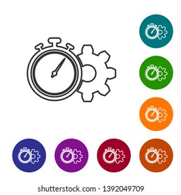 Grey Time Management line icon on white background. Clock and gear sign. Productivity symbol. Set icon in color circle buttons. Vector Illustration