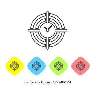 Grey Time Management line icon on white background. Clock and gear sign. Productivity symbol. Set icon in color rhombus buttons. Vector Illustration