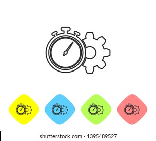 Grey Time Management line icon on white background. Clock and gear sign. Productivity symbol. Set icon in color rhombus buttons. Vector Illustration
