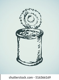 Grey tincan box with free lid cover isolated on white backdrop. Freehand outline black ink hand drawn picture sketchy in art scribble retro style pen on paper. Closeup view and space for text on label