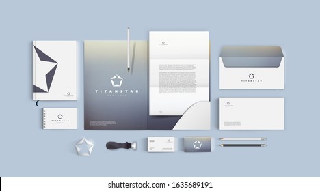 Grey titanium star corporate design. Pentagram logo in silver color. Premium branding identity set for business strong company. Folder with letterhead and business card on light background.