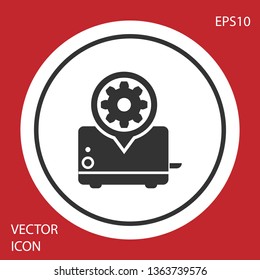 Grey Toaster and gear icon isolated on red background. Adjusting app, service concept, setting options, maintenance, repair, fixing. White circle button. Vector Illustration