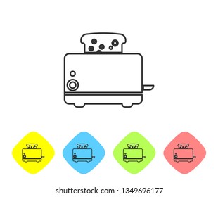 Grey Toaster with toasts line icon isolated on white background. Set icon in color rhombus buttons. Vector Illustration