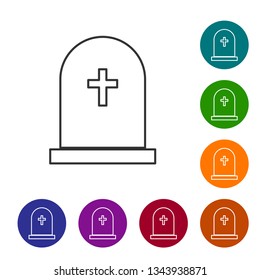 Grey Tombstone with cross line icon isolated on white background. Grave icon. Vector Illustration