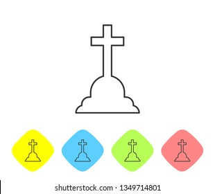 Grey Tombstone with cross line icon isolated on white background. Grave icon. Set icon in color rhombus buttons. Vector Illustration