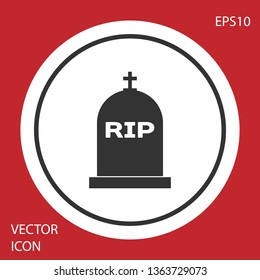 Grey Tombstone with RIP written on it icon isolated on red background. Grave icon. Circle button. Vector Illustration