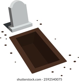 A grey tombstone stands next to an open brown grave, surrounded by small dirt piles, evoking a mood of contemplation and remembrance.