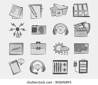 grey tone flat icons set of business and lifestyle objects isolated vector
