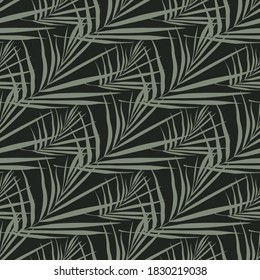 Grey tones fern leaf seamless doodle pattern. Black background. Simple botanic doodle backdrop. Great for fabric design, textile print, wrapping, cover. Vector illustration.