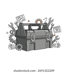 A grey toolbox filled with various tools and mechanical parts.