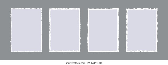 Planos de fundo de quadros de papel cinza rasgado. Papéis de parede em branco cinza com bordas irregulares. Feixe de elemento grunge rasgado para cartaz, caixa de texto, faixa, colagem, adesivo. Fundo de retângulo vetorial do ofício