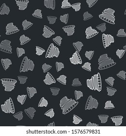 Grey Tornado icon isolated seamless pattern on black background. Cyclone, whirlwind, storm funnel, hurricane wind or twister weather icon.  Vector Illustration