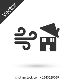 Grey Tornado swirl damages house roof icon isolated on white background. Cyclone, whirlwind, storm funnel, hurricane wind icon.  Vector Illustration