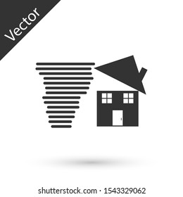 Grey Tornado swirl damages house roof icon isolated on white background. Cyclone, whirlwind, storm funnel, hurricane wind icon.  Vector Illustration