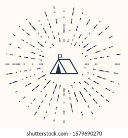 Grey Tourist tent with flag icon isolated on beige background. Camping symbol. Abstract circle random dots. Vector Illustration