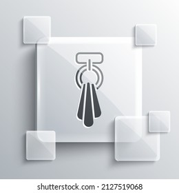 Grey Towel On A Hanger Icon Isolated On Grey Background. Bathroom Towel Icon. Square Glass Panels. Vector