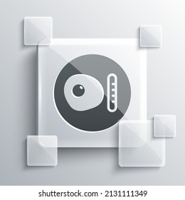 Grey Traditional british breakfast, fried eggs with sausage icon isolated on grey background. Square glass panels. Vector