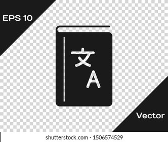Grey Translator book icon isolated on transparent background. Foreign language conversation icons in chat speech bubble. Translating concept.  Vector Illustration