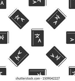 Grey Translator book icon isolated seamless pattern on white background. Foreign language conversation icons in chat speech bubble. Translating concept.  Vector Illustration