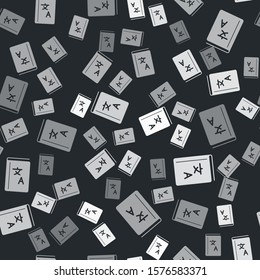 Grey Translator book icon isolated seamless pattern on black background. Foreign language conversation icons in chat speech bubble. Translating concept.  Vector Illustration