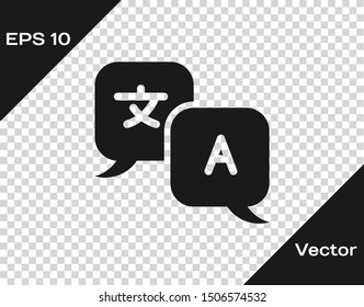 Grey Translator icon isolated on transparent background. Foreign language conversation icons in chat speech bubble. Translating concept.  Vector Illustration