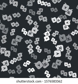 Grey Translator icon isolated seamless pattern on black background. Foreign language conversation icons in chat speech bubble. Translating concept.  Vector Illustration