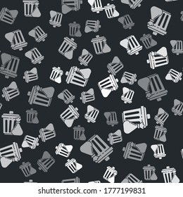 Grey Trash can and garbage bag icon isolated seamless pattern on black background. Garbage bin sign. Recycle basket icon. Office trash icon. Vector Illustration