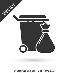 Grey Trash can and garbage bag icon isolated on white background. Garbage bin sign. Recycle basket icon. Office trash icon.  Vector Illustration