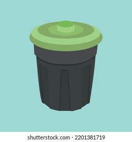 Grey trash can with green lid insulated on light blue background. Recycling vector cartooon concept illustration. Vector illustration EPS 10.