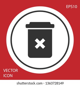 Grey Trash can icon isolated on red background. Delete icon. Garbage bin sign. Recycle basket icon. Office trash icon. Circle button. Vector Illustration