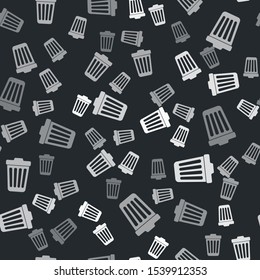 Grey Trash can icon isolated seamless pattern on black background. Garbage bin sign.  Vector Illustration