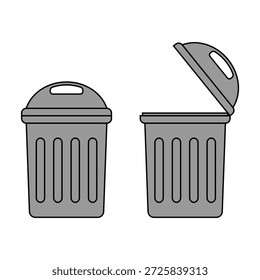 Grey trash can vector illustration flat design garbage bin icon set open and closed waste container isolated on white background for waste management environment and recycling