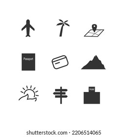 GREY TRAVEL ICONS : AIRPLANE, PALM, MAP, PASSPORT, CARD, HILL, SUN WITH WAVE, NAVIGATION, HOTEL ISOLATED ON WHITE
