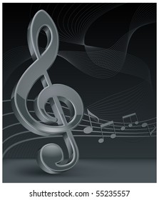 Grey treble clef with notes staff on black, vector illustration