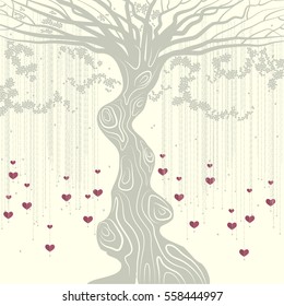 Grey tree with a curved trunk, grey petals and liana with the red decorative hearts  on  the beige background.