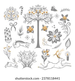 Árboles grises, flores, ciervos y conejo aislados. Vector