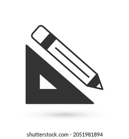 Grey Triangular ruler and pencil icon isolated on white background. Straightedge symbol. Drawing and educational tools.  Vector