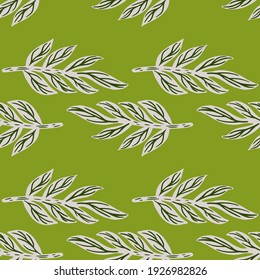 Grey tropic leaves branches seamless doodle pattern. Green background. Flora nature doodle backdrop. Decorative backdrop for fabric design, textile print, wrapping, cover. Vector illustration.