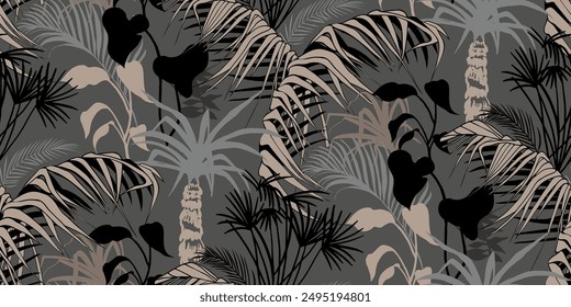 grey tropical print in monochromes with banana palm leaves for textiles and surface design