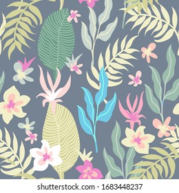 Grey tropical print. Seamless pattern with palm leaves and exotic flowers. Aloha textile collection. Template for dresses, scarves, swimsuits.