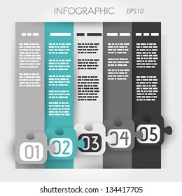 grey and turquoise column infographic five options in big down puzzle. infographic concept.
