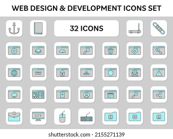 Grey And Turquoise Web Development Icon Set On White Square Background.